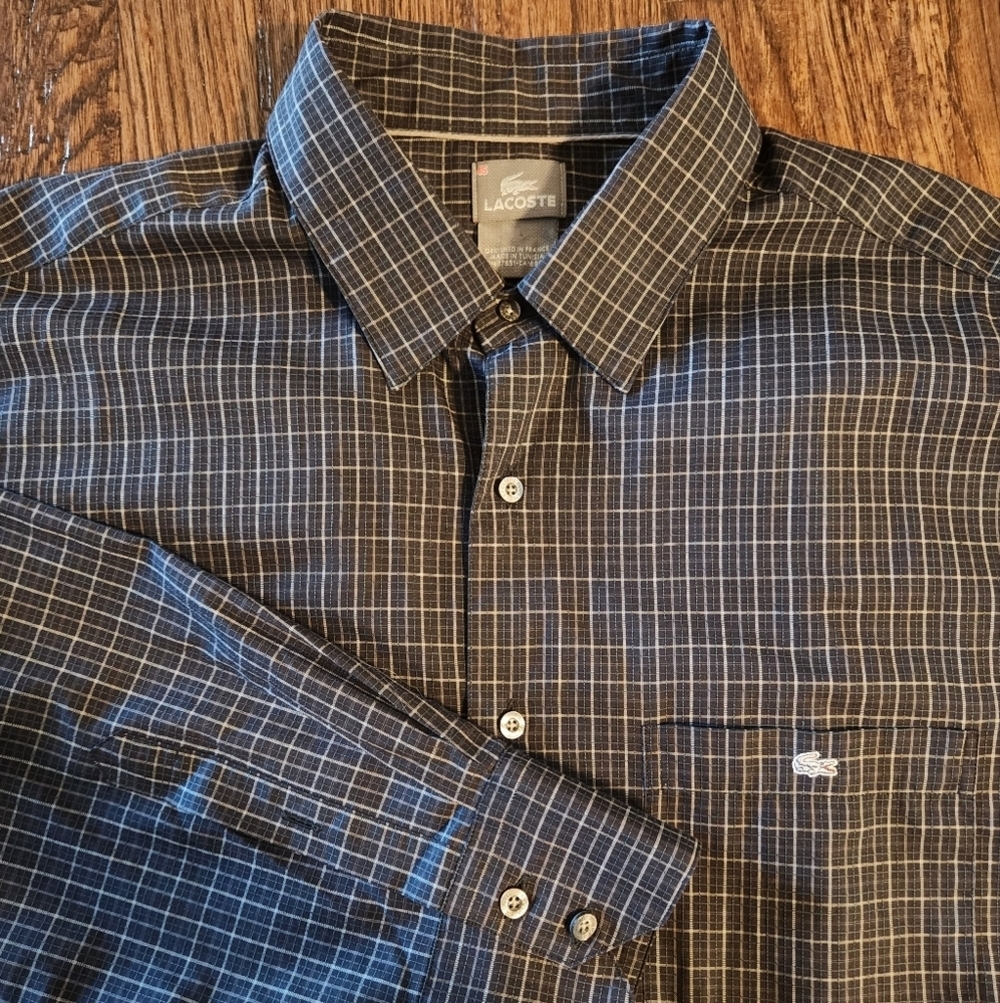 Lacoste Men’s long sleeve button up shirt brown checkered size 45 (US 17 3/4)